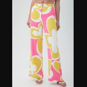 Trina Turk Verity Bright Pink & Yellow Retro Floral Wide Leg Pants 0